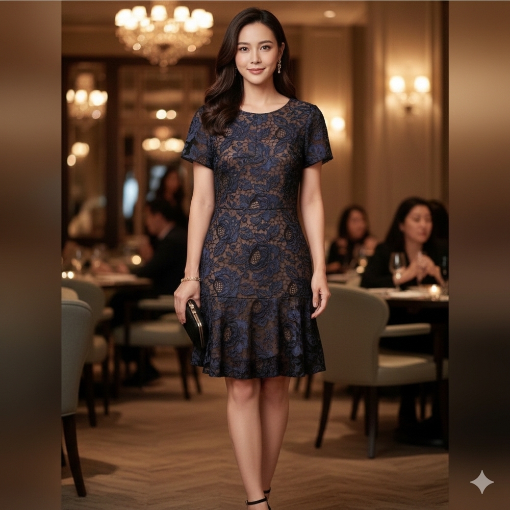 bcbg Marissa Elegant Black and Blue Lace Dress